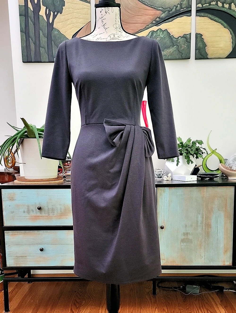 David Meister Grey 3/4 Sleeve Side Bow Sheath Dress